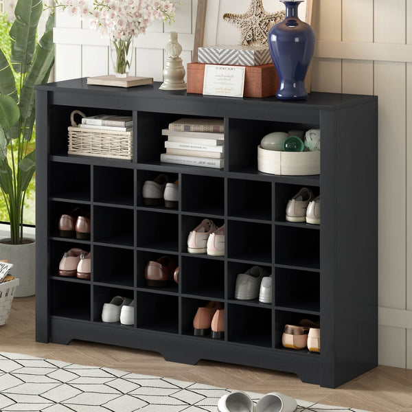 English Elm On-trend Rustic Brown Shoe Cubby Console Holds 24 Pairs with Curved Base Sideboard Black WF309308AAB