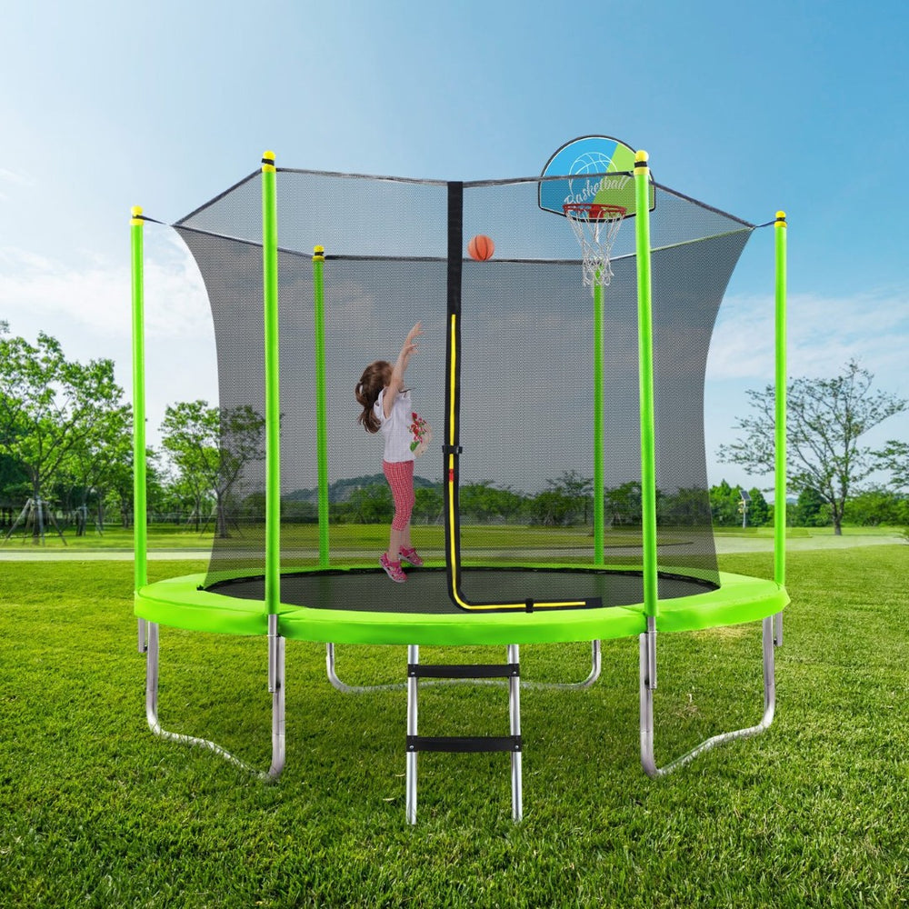 English Elm 10ft Round Kids Outdoor Trampoline with Enclosure Net Ladder and Basketball Hoop MS310683AAF