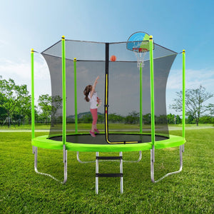 English Elm 10ft Round Kids Outdoor Trampoline with Enclosure Net Ladder and Basketball Hoop MS310683AAF
