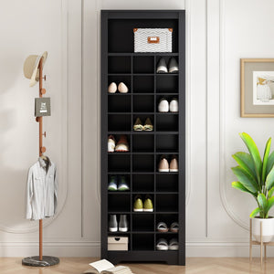 English Elm Stylish Design 30 Shoe Cubby Console, Contemporary Shoe Cabinet With Multiple Storage Capacity, Free Standing Tall Cabinet With Versatile Use For Hallway, Bedroom, Black