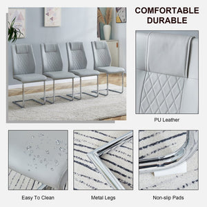 English Elm Modern Pu Leather Upholstered Dining Chairs Set of 8 with Chrome Metal Legs for Kitchen Light Gray W1151S00426