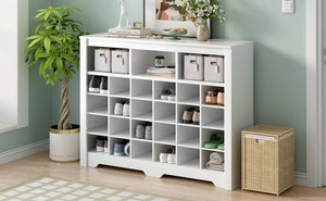 English Elm On-trend Rustic Brown Shoe Cubby Console Holds 24 Pairs with Curved Base Sideboard White WF309308AAK