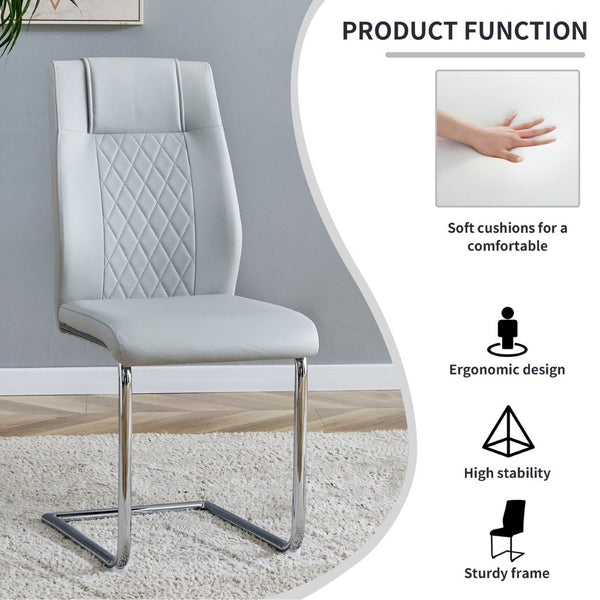English Elm Modern Pu Leather Upholstered Dining Chairs Set of 8 with Chrome Metal Legs for Kitchen Light Gray W1151S00426