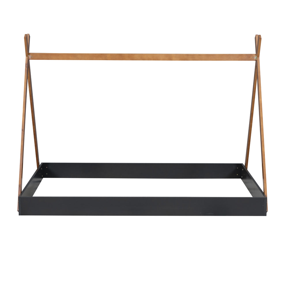 English Elm Full Full Size Tent Floor Bed with Triangle Frame, White & Natural Wood, Low-Profile Kids Play Sleep Loft WF307379AAB