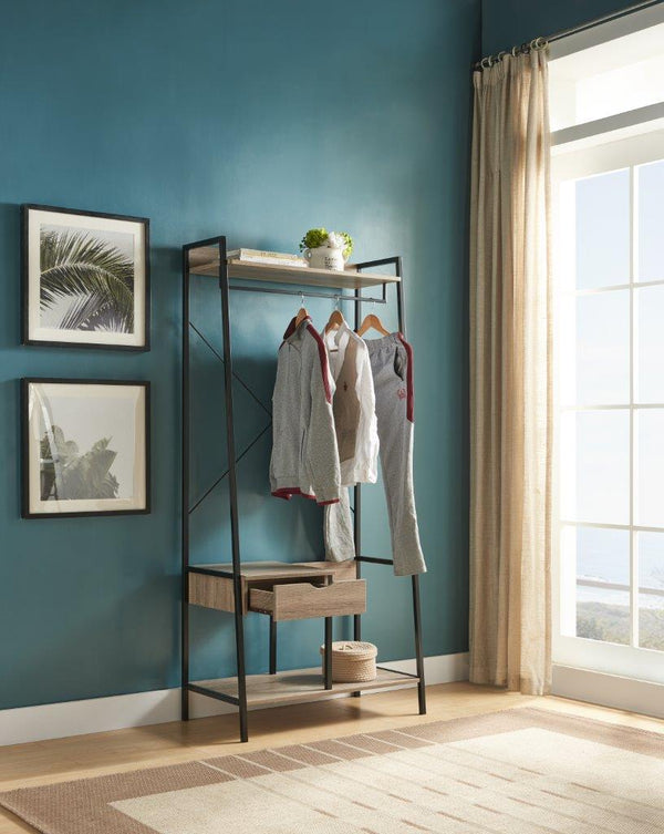 English Elm Metal Clothes Rack Slim Open Wardrobe with Drawer and Heavy-Duty Rod for Small Spaces and Entryways Black+Taupe B107P147841