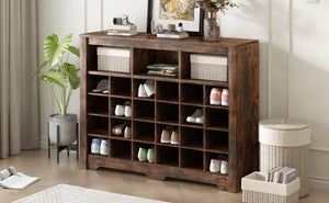 English Elm On-trend Rustic Brown Shoe Cubby Console Holds 24 Pairs with Curved Base Sideboard WF309308AAP