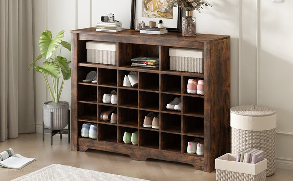 English Elm On-trend Rustic Brown Shoe Cubby Console Holds 24 Pairs with Curved Base Sideboard WF309308AAP
