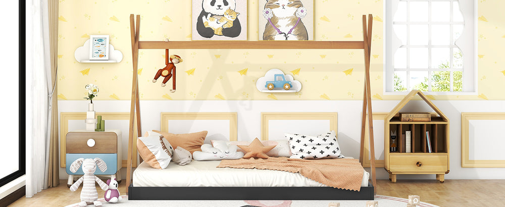 English Elm Full Full Size Tent Floor Bed with Triangle Frame, White & Natural Wood, Low-Profile Kids Play Sleep Loft WF307379AAB