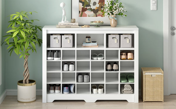 English Elm On-trend Rustic Brown Shoe Cubby Console Holds 24 Pairs with Curved Base Sideboard White WF309308AAK