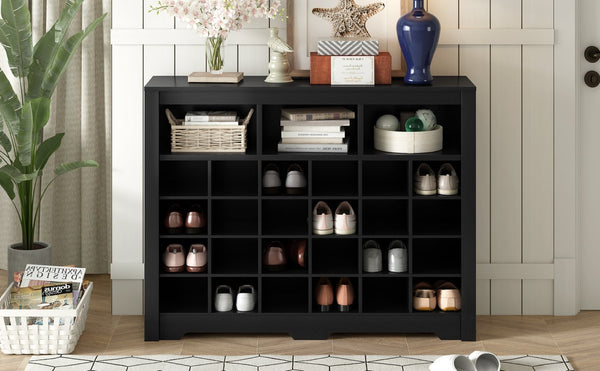 English Elm On-trend Rustic Brown Shoe Cubby Console Holds 24 Pairs with Curved Base Sideboard Black WF309308AAB