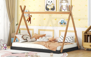 English Elm Full Full Size Tent Floor Bed with Triangle Frame, White & Natural Wood, Low-Profile Kids Play Sleep Loft WF307379AAB