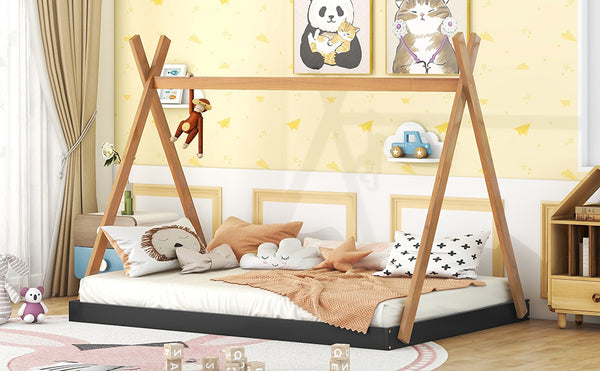 English Elm Full Full Size Tent Floor Bed with Triangle Frame, White & Natural Wood, Low-Profile Kids Play Sleep Loft WF307379AAB