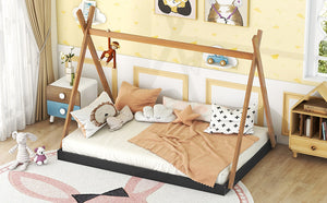 English Elm Full Full Size Tent Floor Bed with Triangle Frame, White & Natural Wood, Low-Profile Kids Play Sleep Loft WF307379AAB