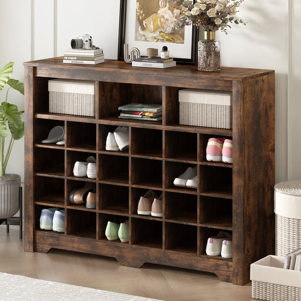 English Elm On-trend Rustic Brown Shoe Cubby Console Holds 24 Pairs with Curved Base Sideboard WF309308AAP
