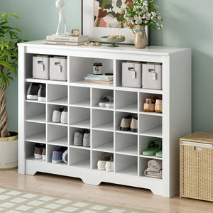 English Elm On-trend Rustic Brown Shoe Cubby Console Holds 24 Pairs with Curved Base Sideboard White WF309308AAK