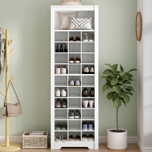 English Elm Stylish Design 30 Shoe Cubby Console, Contemporary Shoe Cabinet With Multiple Storage Capacity, Free Standing Tall Cabinet With Versatile Use For Hallway, Bedroom, White