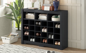 English Elm On-trend Rustic Brown Shoe Cubby Console Holds 24 Pairs with Curved Base Sideboard Black WF309308AAB