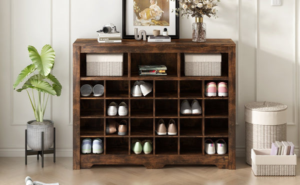 English Elm On-trend Rustic Brown Shoe Cubby Console Holds 24 Pairs with Curved Base Sideboard WF309308AAP