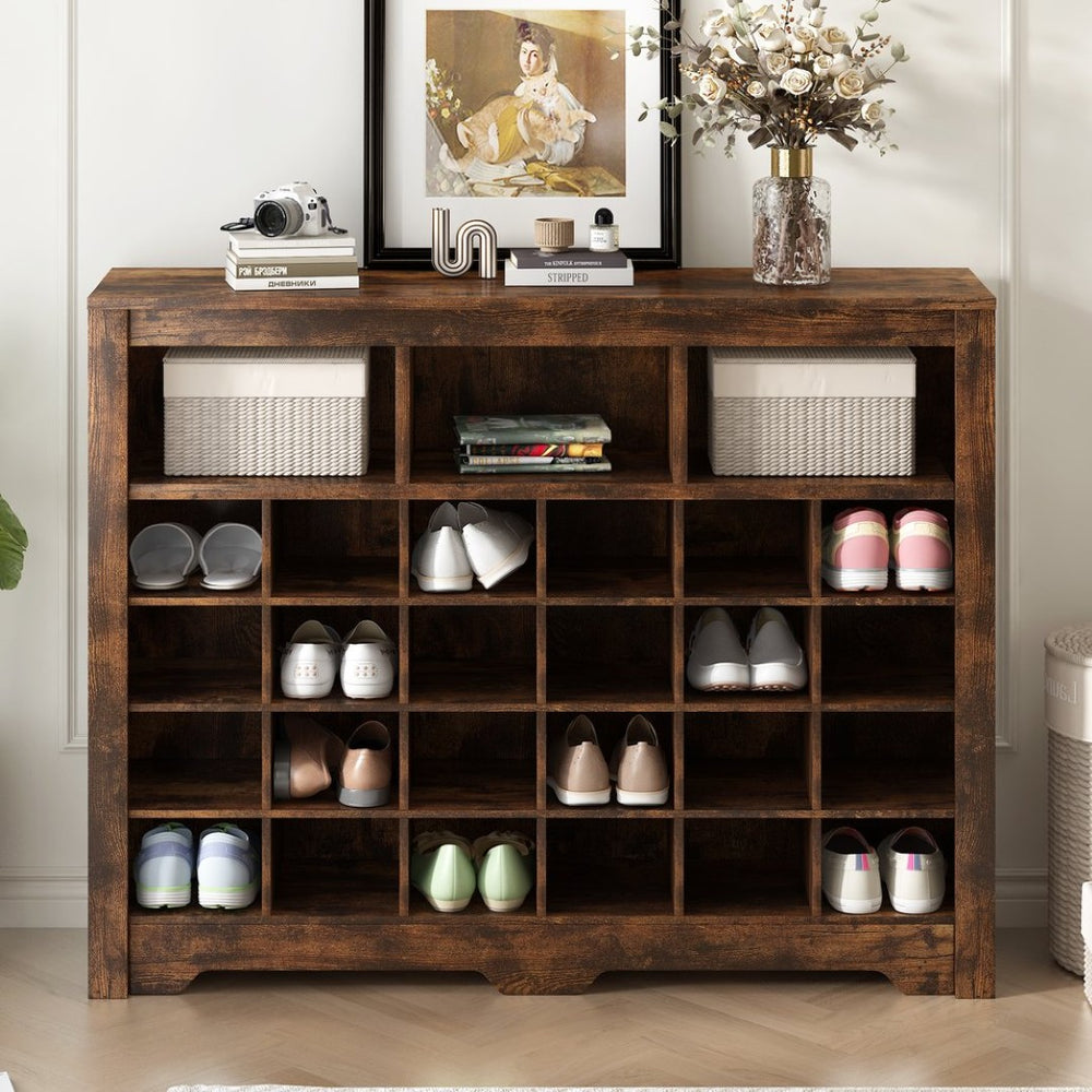 English Elm On-trend Rustic Brown Shoe Cubby Console Holds 24 Pairs with Curved Base Sideboard WF309308AAP
