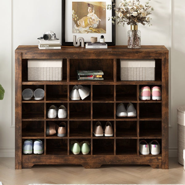 English Elm On-trend Rustic Brown Shoe Cubby Console Holds 24 Pairs with Curved Base Sideboard WF309308AAP