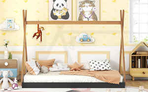 English Elm Full Full Size Tent Floor Bed with Triangle Frame, White & Natural Wood, Low-Profile Kids Play Sleep Loft WF307379AAB