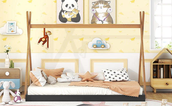 English Elm Full Full Size Tent Floor Bed with Triangle Frame, White & Natural Wood, Low-Profile Kids Play Sleep Loft WF307379AAB