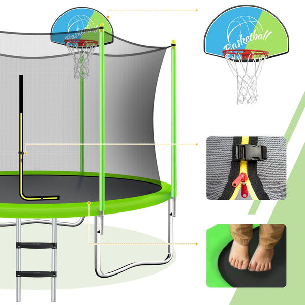 English Elm 10ft Round Kids Outdoor Trampoline with Enclosure Net Ladder and Basketball Hoop MS310683AAF