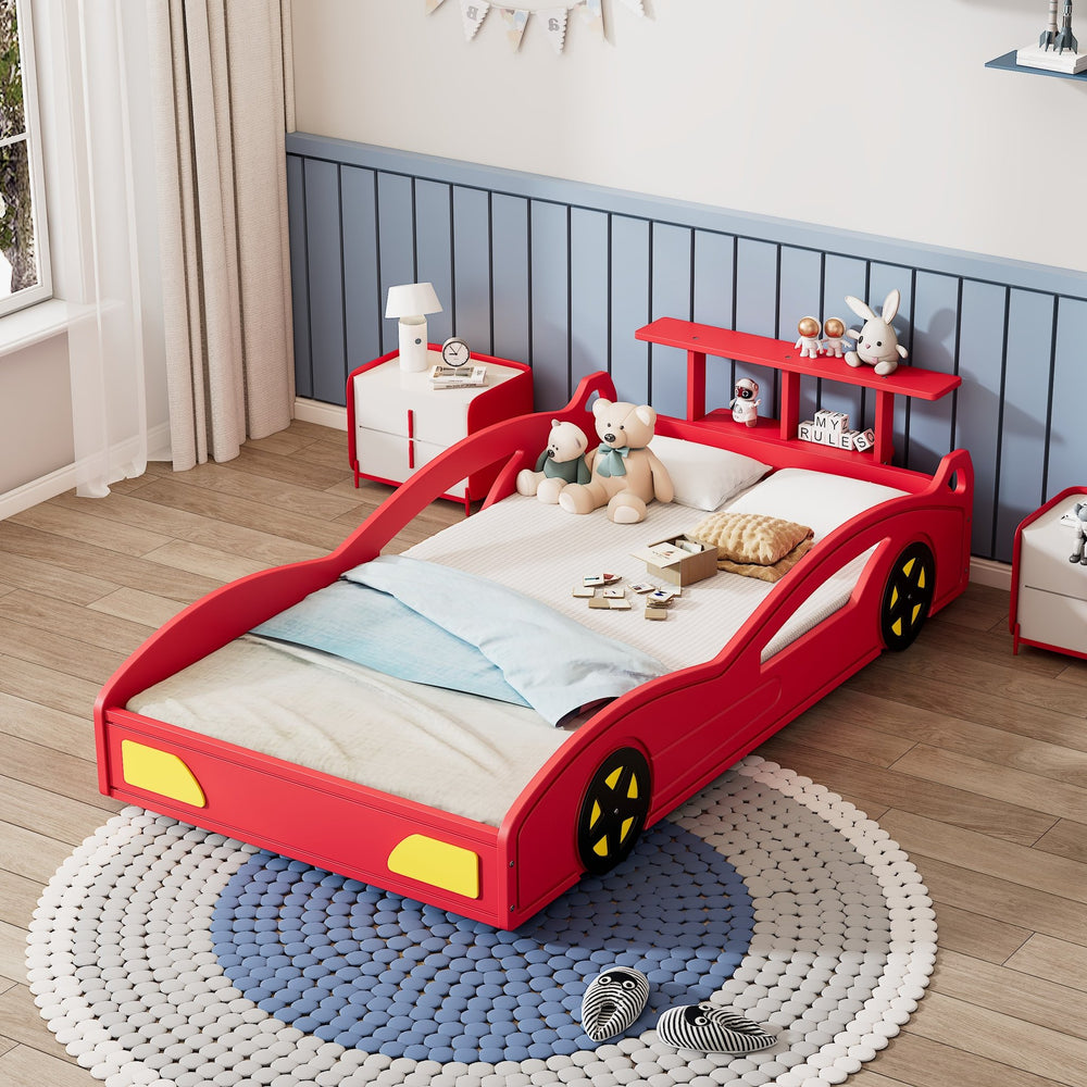 English Elm Wooden Race Car Bed Frame with Wheels and Built-In Front Storage, Safe Rails, Sturdy MDF Support Blue 81.25 L x 18 W x 5 H WF310553AAC