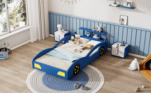 English Elm Wooden Race Car Bed Frame with Wheels and Built-In Front Storage, Safe Rails, Sturdy MDF Support Blue 81.25 L x 18 W x 5 H WF310553AAC