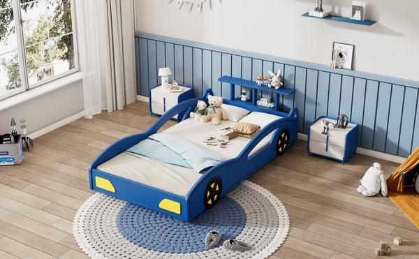 English Elm Wooden Race Car Bed Frame with Wheels and Built-In Front Storage, Safe Rails, Sturdy MDF Support Blue 81.25 L x 18 W x 5 H WF310553AAC