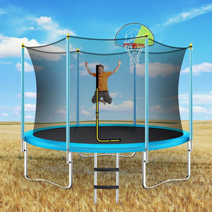 English Elm 8ft Round Kids Outdoor Trampoline with Enclosure Net Ladder and Basketball Hoop MS310681AAC