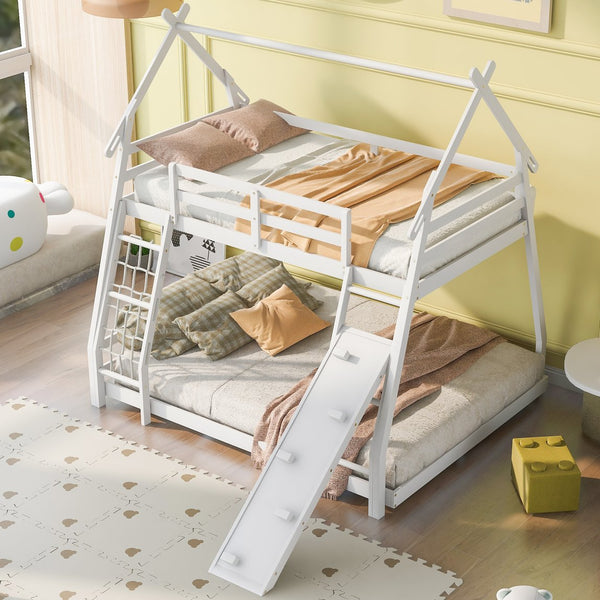 English Elm Twin House Bunk Bed with Climbing Nets and Ramp, Twin-over-Queen Space-Saving Playful Kid’s Retreat White GX002008AAK