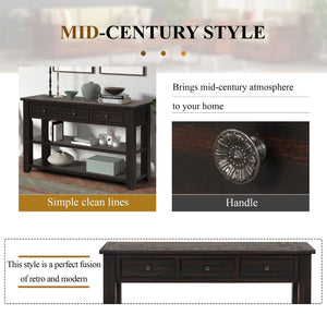 English Elm 48'' Pine Wood Console Table Vintage Entryway Piece with 3 Drawers and Open Shelves Distressed Black W1202P360958
