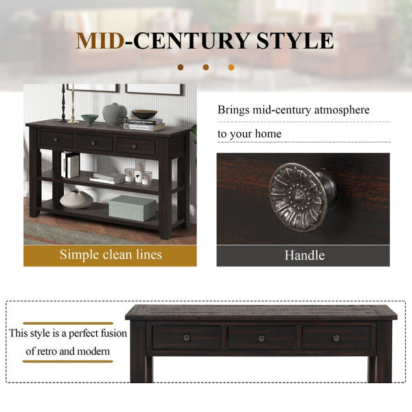 English Elm 48'' Pine Wood Console Table Vintage Entryway Piece with 3 Drawers and Open Shelves Distressed Black W1202P360958