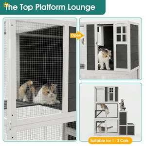 English Elm 3-tier Pine Wood Cat Enclosure with Wire Mesh Platforms and Loft for Indoor Outdoor Use W1850120016