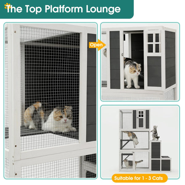 English Elm 3-tier Pine Wood Cat Enclosure with Wire Mesh Platforms and Loft for Indoor Outdoor Use W1850120016