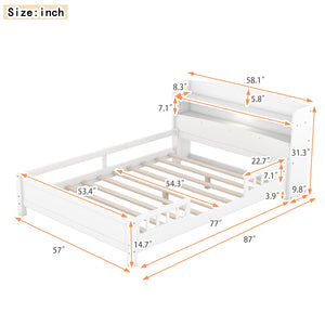 English Elm Wood Full Size Platform Bed with LED Headboard Light, Built-In Storage and Guardrails, Sturdy Pine Frame White GX001023AAK