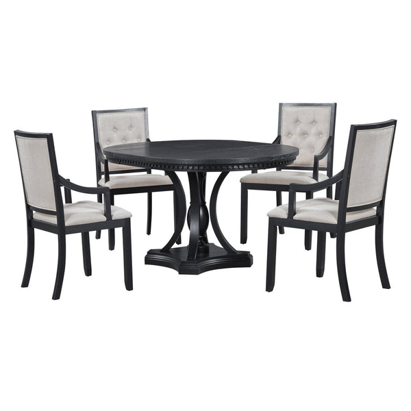 English Elm Trexm Retro Farmhouse Extendable Round Dining Set Oak Veneer Table with 4 Chairs ST000147AAB