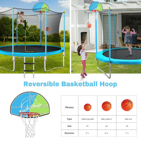 English Elm 8ft Round Kids Outdoor Trampoline with Enclosure Net Ladder and Basketball Hoop MS310681AAC