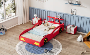 English Elm Wooden Race Car Bed Frame with Wheels and Built-In Front Storage, Safe Rails, Sturdy MDF Support Red 81.25 L x 18 W x 5 H WF310553AAJ
