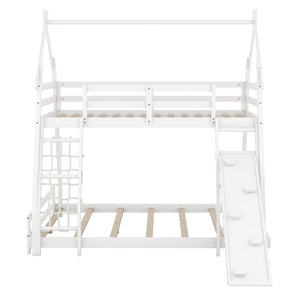 English Elm Twin House Bunk Bed with Climbing Nets and Ramp, Twin-over-Queen Space-Saving Playful Kid’s Retreat White GX002008AAK
