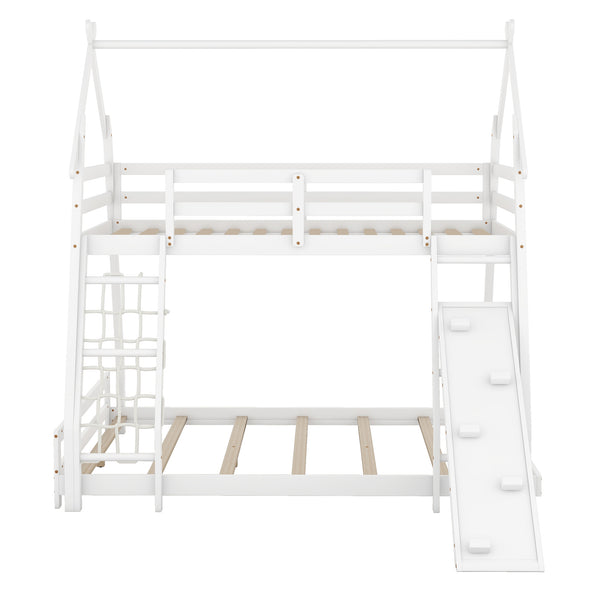 English Elm Twin House Bunk Bed with Climbing Nets and Ramp, Twin-over-Queen Space-Saving Playful Kid’s Retreat White GX002008AAK