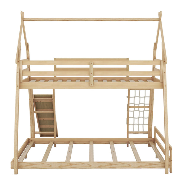 English Elm Twin House Bunk Bed with Climbing Nets and Ramp, Twin-over-Queen Space-Saving Playful Kid’s Retreat Natural GX002008AAM
