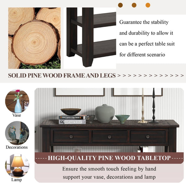 English Elm 48'' Pine Wood Console Table Vintage Entryway Piece with 3 Drawers and Open Shelves Distressed Black W1202P360958