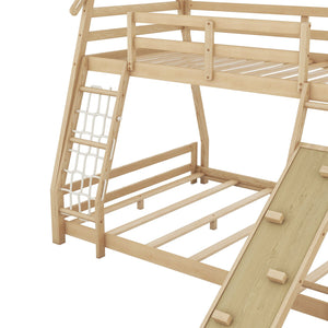 English Elm Twin House Bunk Bed with Climbing Nets and Ramp, Twin-over-Queen Space-Saving Playful Kid’s Retreat Natural GX002008AAM