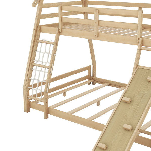 English Elm Twin House Bunk Bed with Climbing Nets and Ramp, Twin-over-Queen Space-Saving Playful Kid’s Retreat Natural GX002008AAM