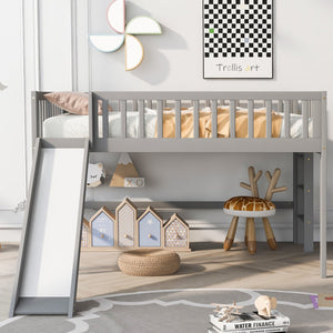 English Elm Full Low Loft Bed with Ladder and Removable Slide — Space-Saving Pine & MDF Design, Durable Play/Storage Gray GX000713AAE