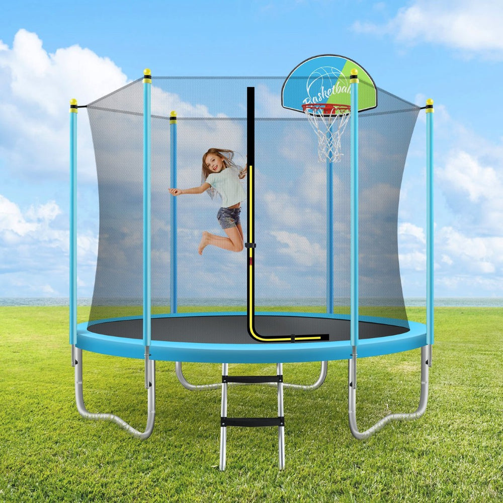 English Elm 8ft Round Kids Outdoor Trampoline with Enclosure Net Ladder and Basketball Hoop MS310681AAC