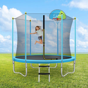 English Elm 8ft Round Kids Outdoor Trampoline with Enclosure Net Ladder and Basketball Hoop MS310681AAC