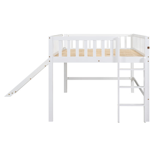 English Elm Full Low Loft Bed with Ladder and Removable Slide — Space-Saving Pine & MDF Design, Durable Play/Storage White GX000713AAK
